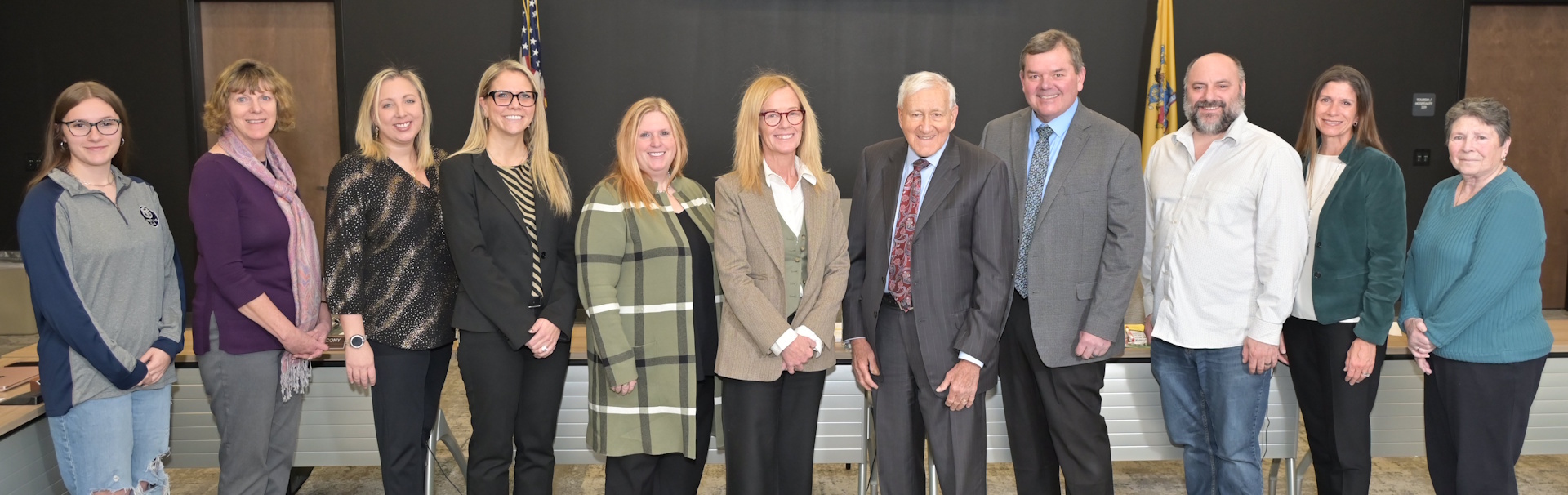 Pictured Left to Right: HollyAnna Fesler - Student Counselor Representative , Kathy Allen - Board Secretary / Business Administrator, Lauren Flynn - Board Secretary / Business Administrator, Carleena Supp - Assistant Superintendent, Amy Elco Houck, Board Attorney, Jamie Moscony - Superintendent, Alan Gould, Board President, Christopher Kobik - Board Vice-President, Casey Halverson - Board Member, Lauren Reed - Board Member, Nancy Ramundo - Board Member,  Not Pictured: Ken Merson - Board Member, Dr. Judith DeStefano-Anen - Executive County Superintendent